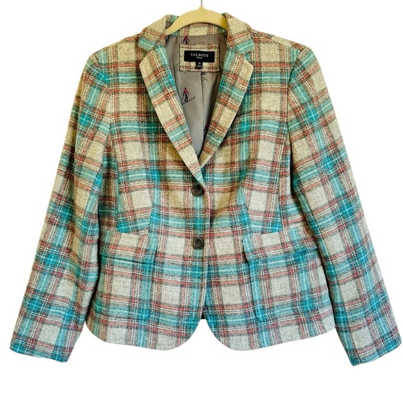 TALBOTS SHETLAND ABERDEEN PASTEL PLAID WOOL BLEND BLAZER SIZE 8 - Picture 3 of 14